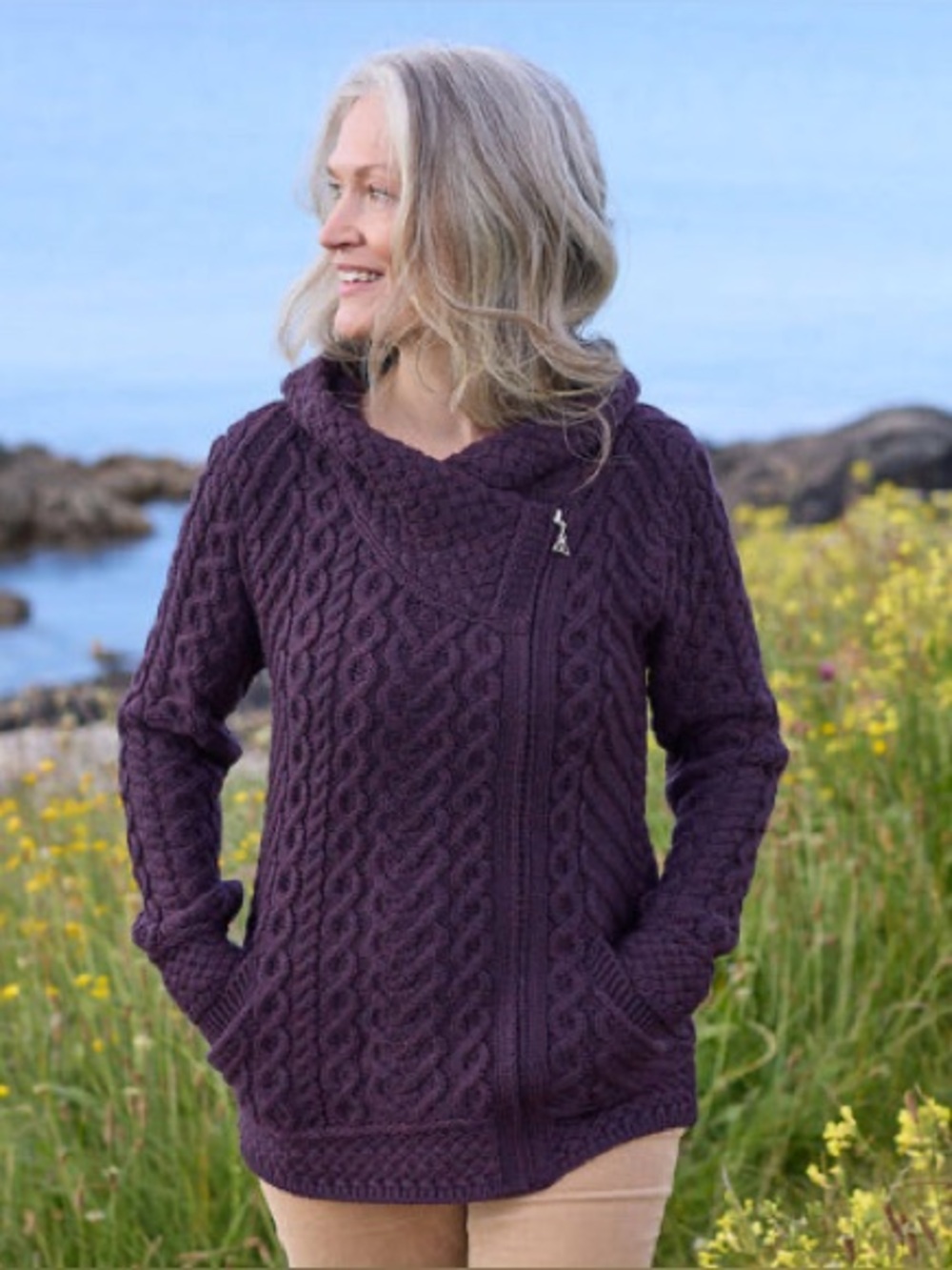 Aran Celtic Zipper Hooded Cardigan Sz Md